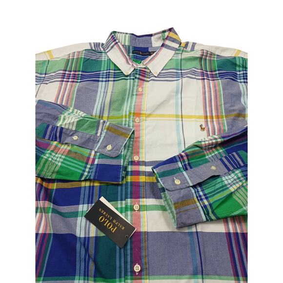 Ralph Lauren Men Button Down Shirt 4XLT Big Tall Blue Green Plaid Flesh Pony NEW - Picture 2 of 5
